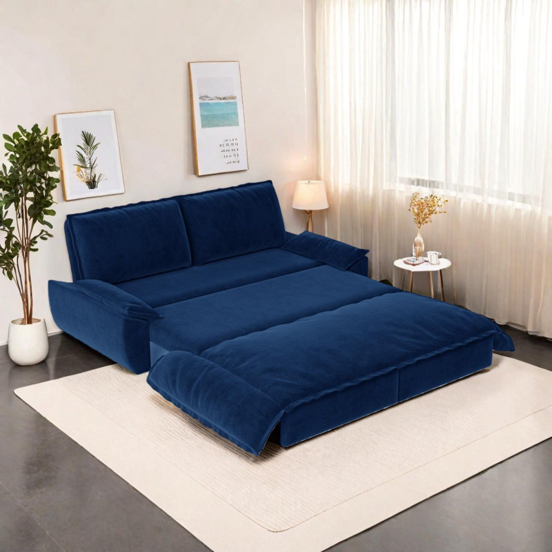Causeuse convertible 3 en 1 de 73,2 po en velours pour grand lit avec méridienne coulissante, Bleu