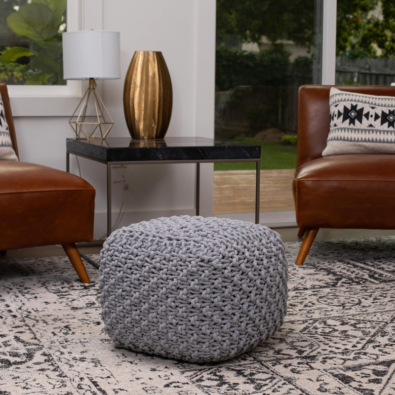 Gray Hand-Knitted Cotton Square Pouf Ottoman