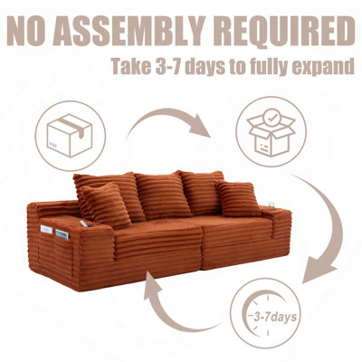 Oversized Boneless Four Seats Sofa with Cup Holder and Side Pockets, Upholstered Corduroy Sofa Bed Cloud Couch with 3 Pillows, 2 Lumbar Pillows.Living Room, Bedroom,No Assembly ,Breathable material