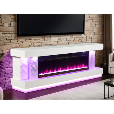 Meuble télé blanc de conception contemporaine avec foyer électrique et chauffage, 3 niveaux de luminosité, pouvant accueillir des téléviseurs de 65 pouces Pi. Style de chauffage