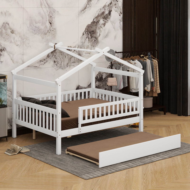 Wooden House Bed With Trundle, Lit double, Blanc