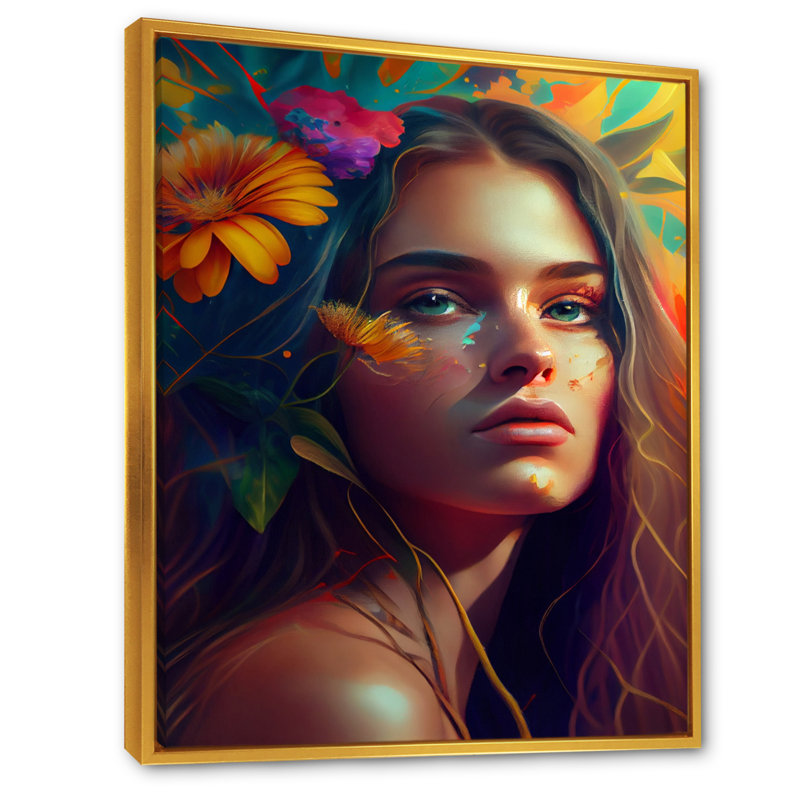 «Colorful Tropical Woman Portrait II», impression sur toile, H 32 po x l 24 po x P 1 po, Toile avec cadre flottant or