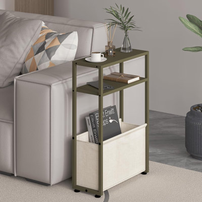 Narrow Side Table, Slim End Table with Fabric Basket, Skinny Table for Small Spaces