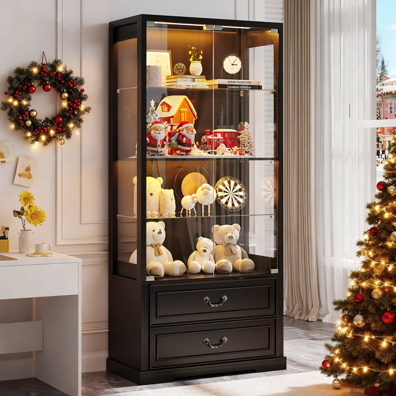 66" H Glass Display Cabinet with 2-Drawers,4-Tier Storage Cabinet With 3 Color Led Lights, Black