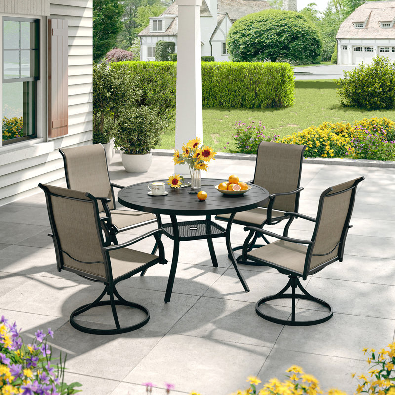5 Pieces Patio Round Table Outdoor Dining Set With Swivel Chair, Black/Brown