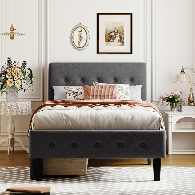 Lit plateforme tapissier gris avec 2 tiroirs - Structure en bois, tête de lit à boutons, espace de literie supplémentaire, étapes de montage simples en couleur, tissu en lin, pas de sommier, installation facile
