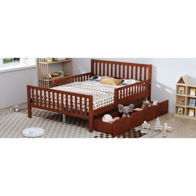 Walnut Full - Size Wood Platform Bed Featuring Guardrails And Two Drawers For Bedroom Storage, Smooth Finish, 8 Slats Stability With Both Side Storage Drawers, Strong Plywood, Comfortable Secure Sleep