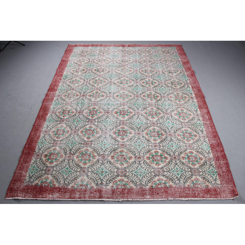 Tapis turc rétro surdimensionné vert et ivoire rétro pour un décor de chambre à coucher tissé à plat
