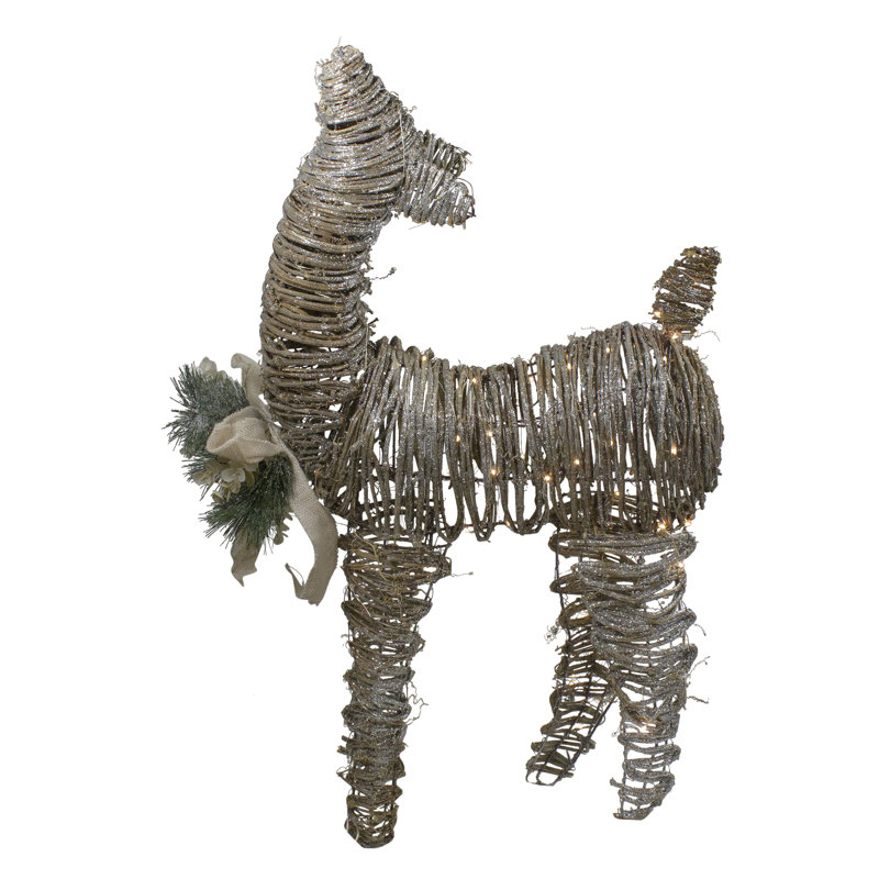 32" 3D Pre-Lit Rattan Reindeer with Ivory Bow and Pine Boughs and Cones Christmas Decoration
