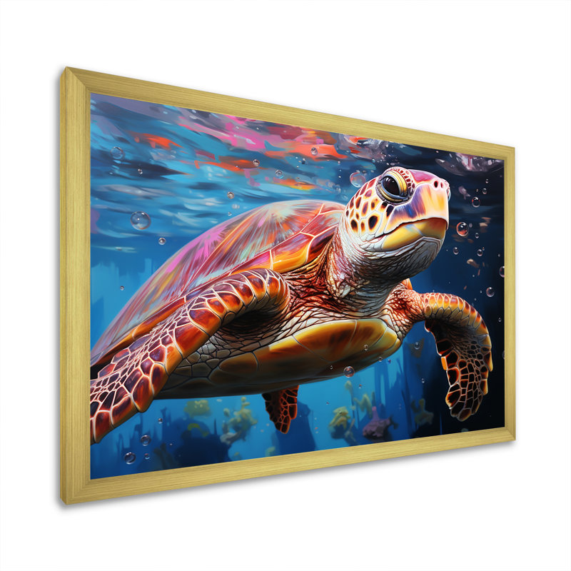 Tortue de mer pastel sur toile, Cadre doré simple, H 12 po x l 20 po x P 1 po