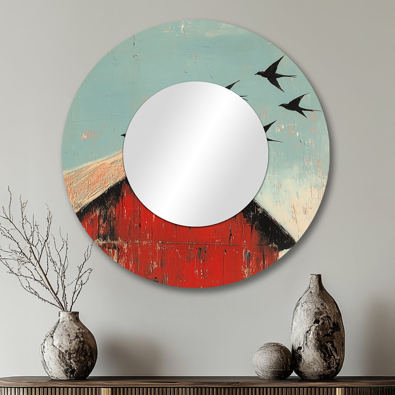 Swallows Birds Over The Red Barn I - Miroir d'appoint mural moderne - imprimé sur métal, 29 po x 29 po
