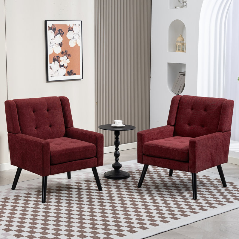 26.77" Mid-Century Modern Accent Chair With Linen Upholstery, Tufted Back And Black Solid Wood Legs(Set Of 2), Red