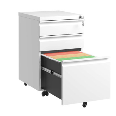 Classeur blanc 3 tiroirs avec serrure pour le bureau. Unité en métal entièrement assemblée. Convient aux lettres / format légal / A4. Gestion sécurisée des dossiers. Les tiroirs ont un plateau à crayons amovible. Déplacement sans effort sur 5