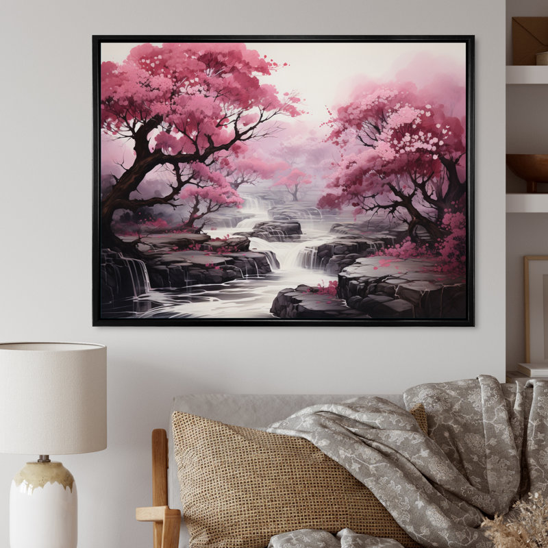 «Pink Trees Waterfall Endless Journey» - Art mural cascade, H 24 po x l 32 po x P 1 po, Cadre flottant noir