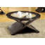 Table basse d'appoint de style contemporain avec base unique en forme de croix et plateau en verre de 5 mm soutenu par une structure en bois massif à finition espresso (table incluse seulement)