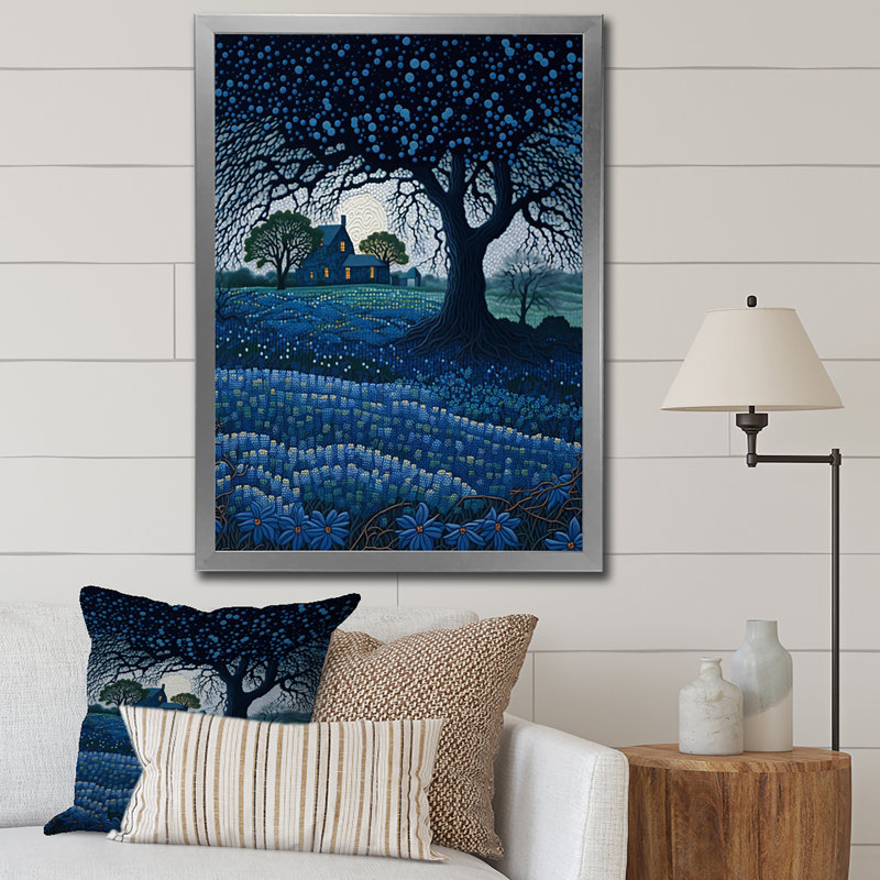 «Field with Farm And Blossoming Bluebonnets I» sur toile, H 44 po x l 34 po x P 1,5 po, Cadre simple argenté
