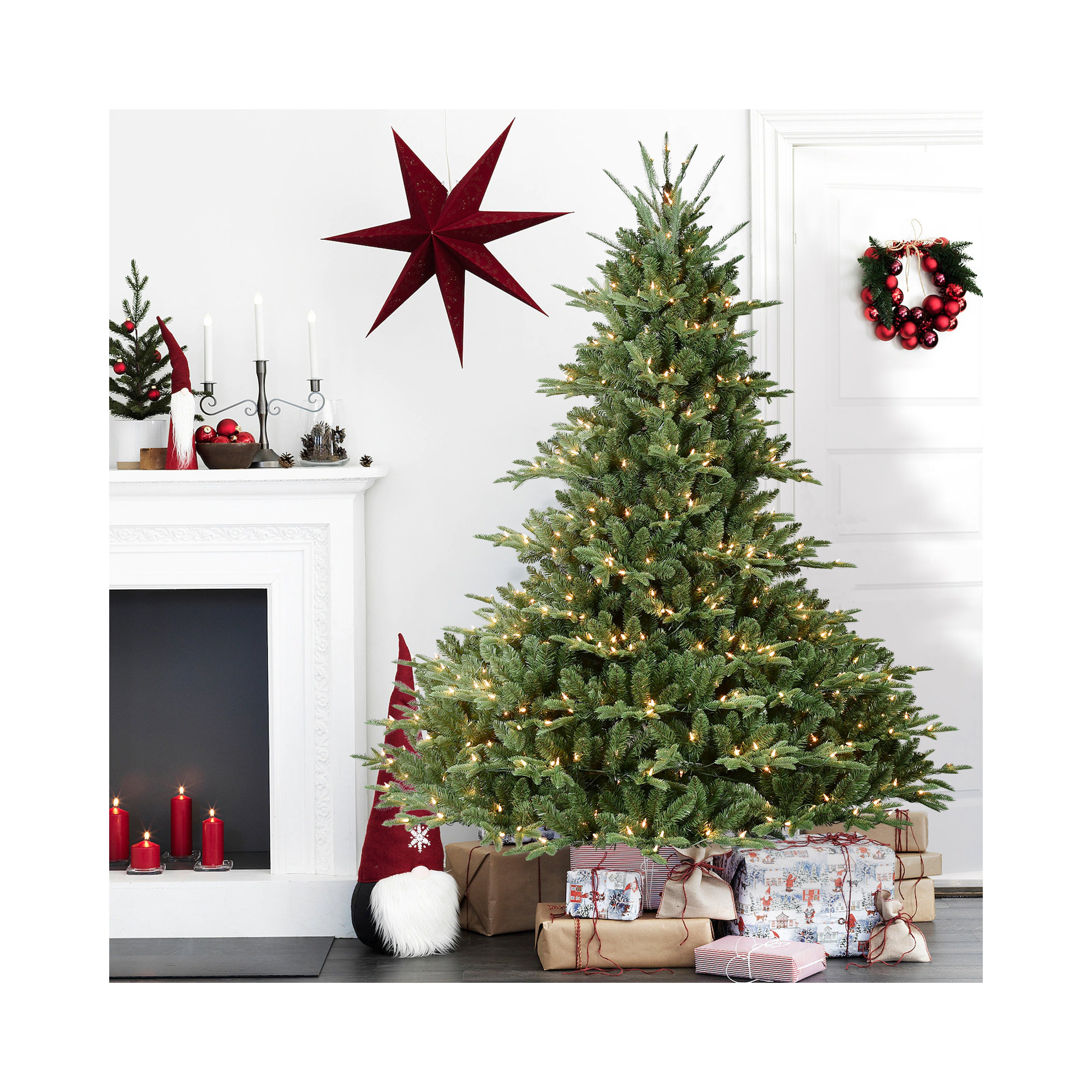 Pre-Lit Green Christmas Tree with PE/PVC Mixed Branches, Lights, Foldable Metal Base, 7.5'