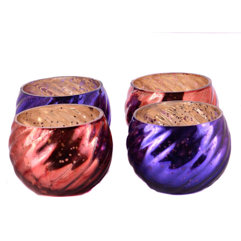 Petit porte-votive rond en verre, Bleu / Bronze