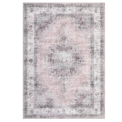 Tapis décoratif à motif de médaillon lavable rétro avec envers antidérapant, tapis d'intérieur à poils longs patinés et pliables, revêtement de sol résistant aux taches pour le salon, la chambre à coucher et la cuisine