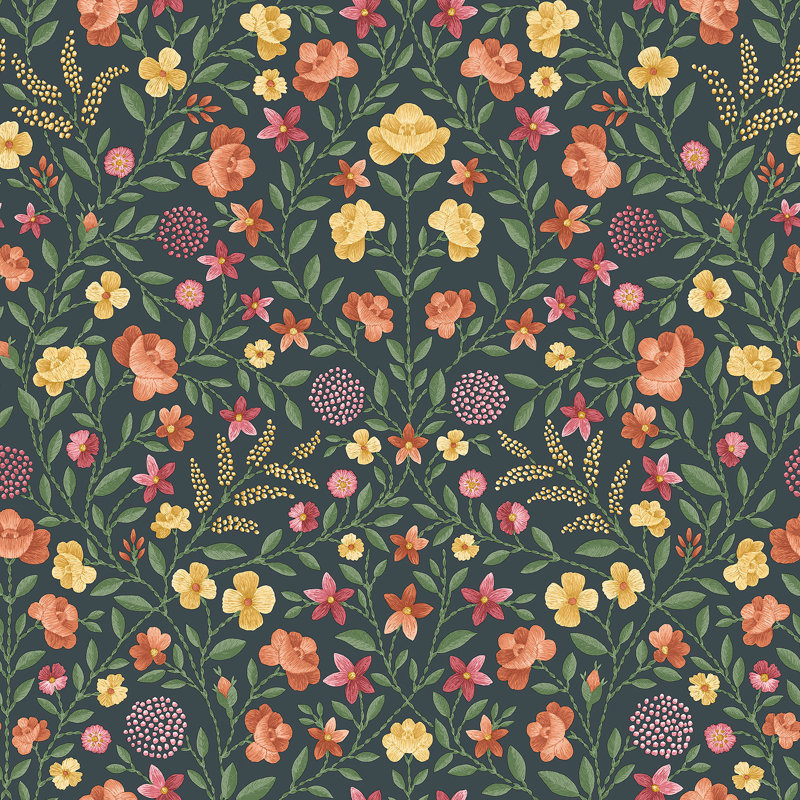 Floral Wallpaper Roll, Marigold/Tangerine/Red/Charcoal