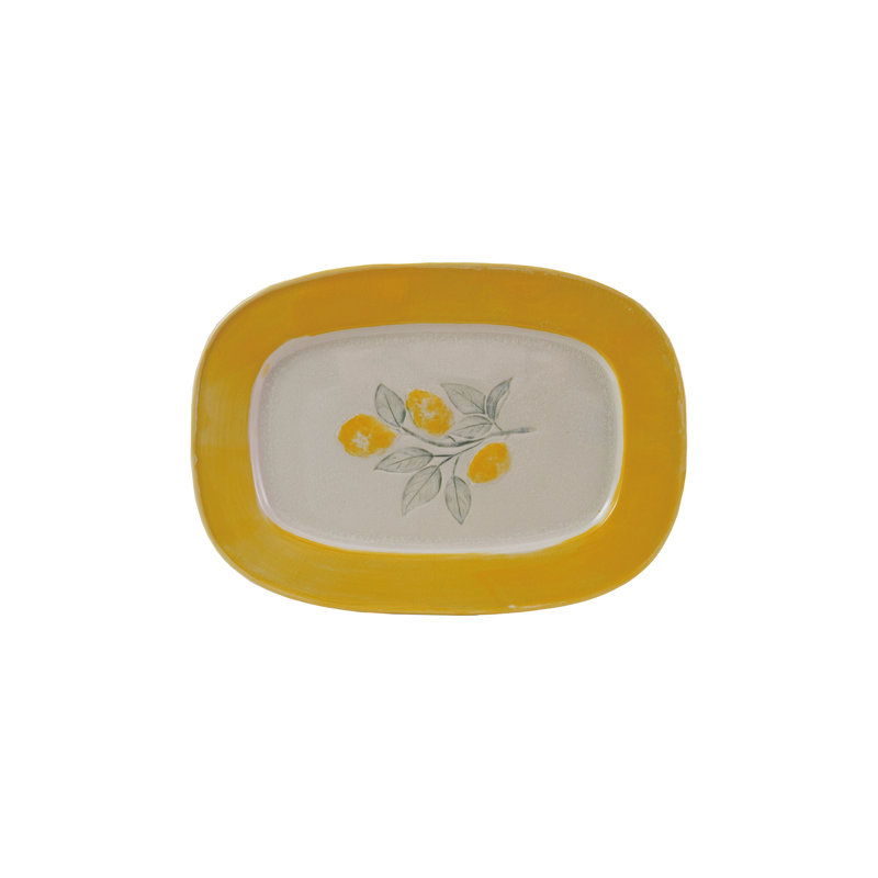 Assiette en grès avec des citrons, glacis craquelé réactif