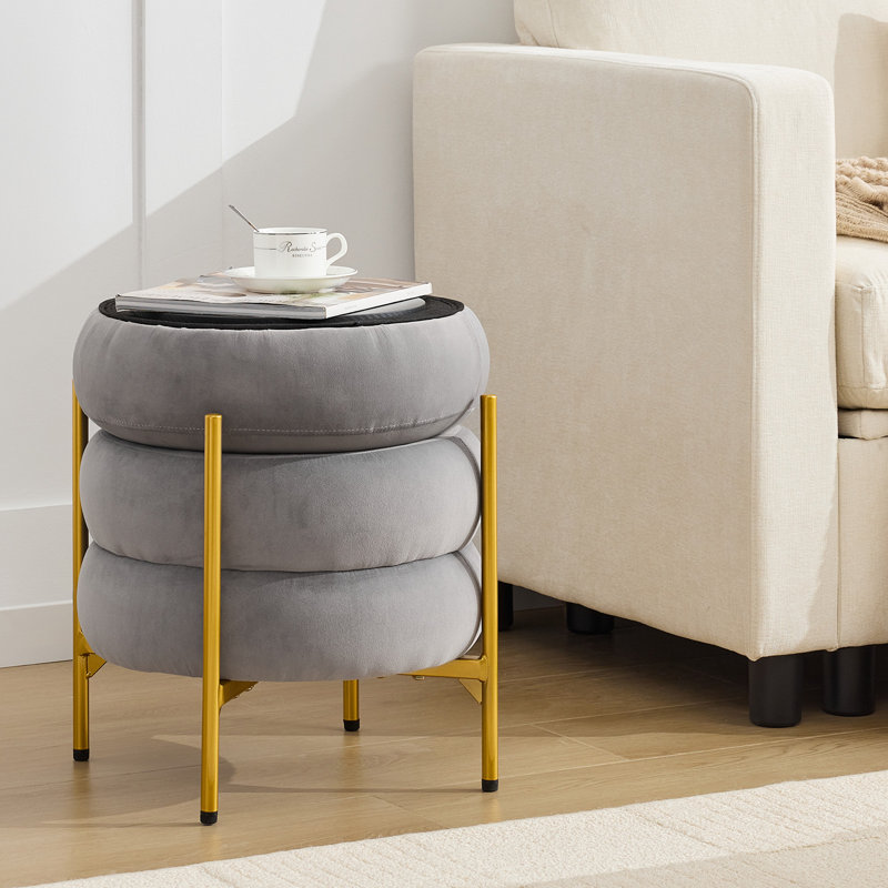Round Storage Ottoman Multiuse Vanity Stool With Metal Legs, Gray Velvet