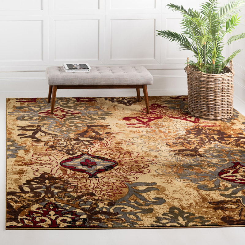 Tapis rouge / crème à motif abstrait Eelijah, Carré 7 pi 10 po