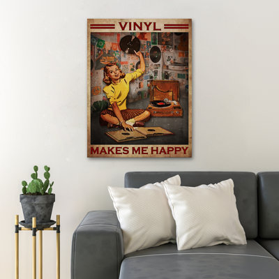 Fille avec disque vinyle - Toile tendue avec châssis en vinyle - Illustration musicale, décor de salon brun et jaune