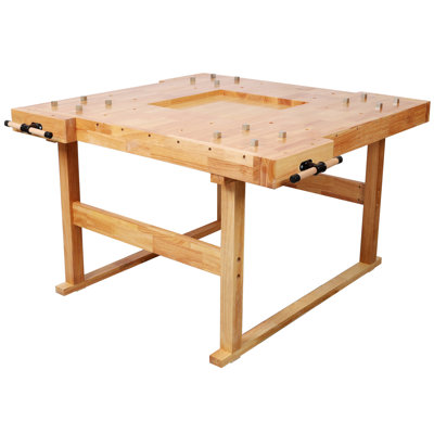 Square Solid Hevea Wood Workbench with Dual Integrated Vises & Bench Dog Holes for Woodworking Workshop