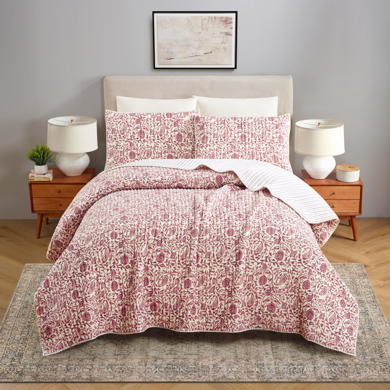 Ensemble de courtepointe réversible 3 pièces Eden Paisley, Courtepointe très grand et 2 très grandes taies , Bourgogne, mauve