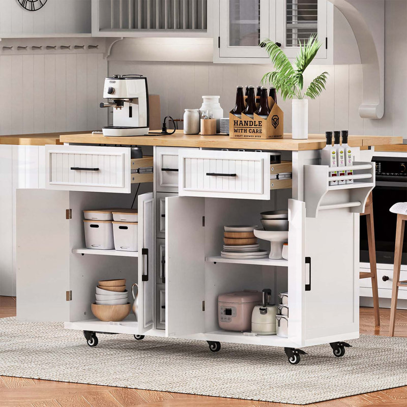 Rolling Kitchen Island with Drop Leaf,Power Outlet,and Ample Storage,for Kitchen,Dining Room, White