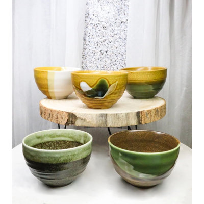 Abstract Art Tenmoku Glazed Ceramic 10Oz Matcha Tea Bowl Set Of 5 Made In Japan