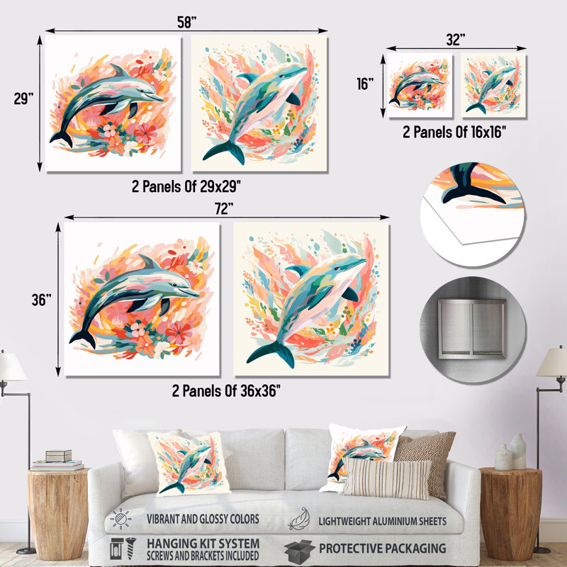 Dive Dolphins Grace I - dauphin, ensemble de 2 reproductions d'art en métal, H 16 po x l 32 po