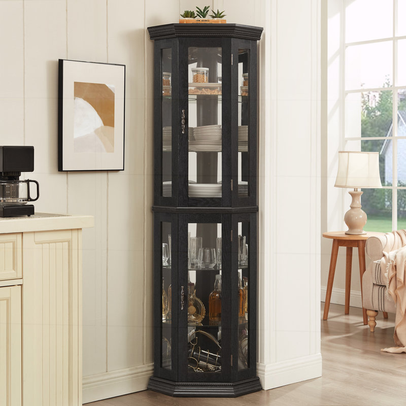 Vitrine peu encombrante avec 6 tablettes réglables, conception intégrée et inclinable, perles sphériques d'inspiration rétro au design intemporel noir, portes en verre à fermeture latérale, rangement personnalisable,