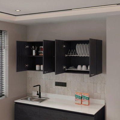 Armoire de rangement murale Latitude Run® Jewlia 150 cm (L) à 4 portes avec étagères ouvertes – Wengé