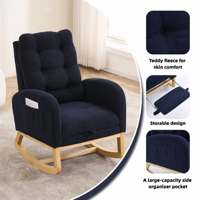 Accent Rocking Chair with Footrest & Storage Pocket, Deep Navy Blue High-Back Rocker, Rubber Wood Lounge Chair for Nursery Living Room, 38.36"W x 26.77"D x 39.76"H