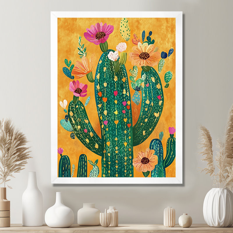 Jardin de cactus du Mexique - Tableau encadré d'inspiration folklorique mexicaine, H 20 po x l 12 po, White Picture Framed