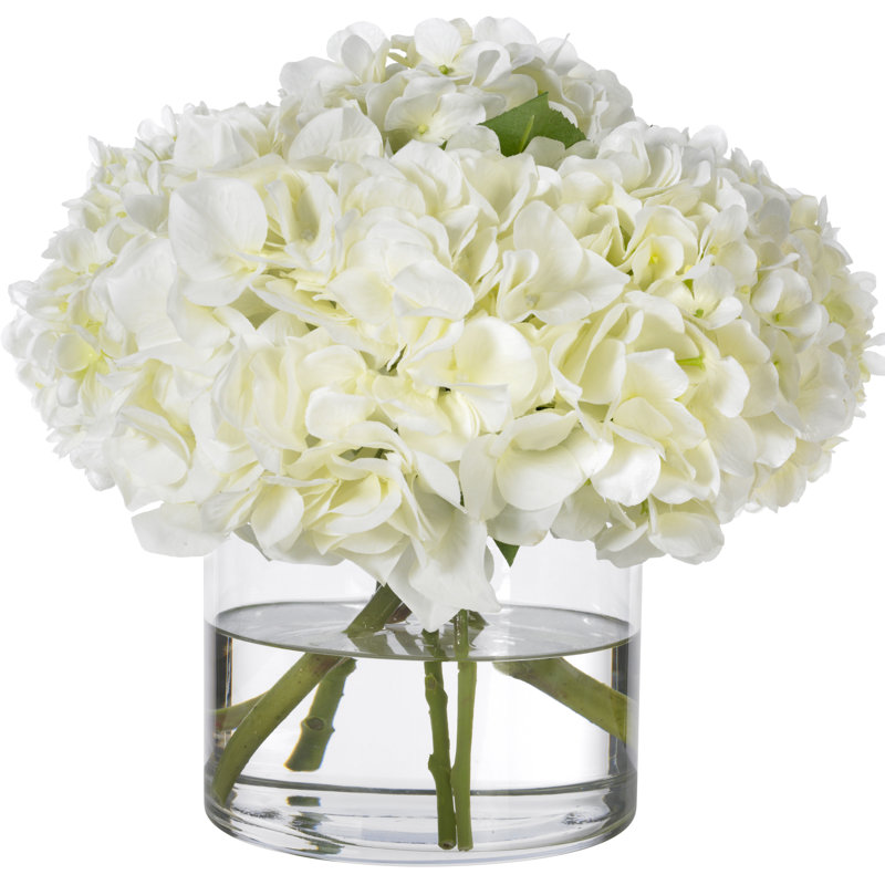 White hydrangeas in a cylindrical glass vase