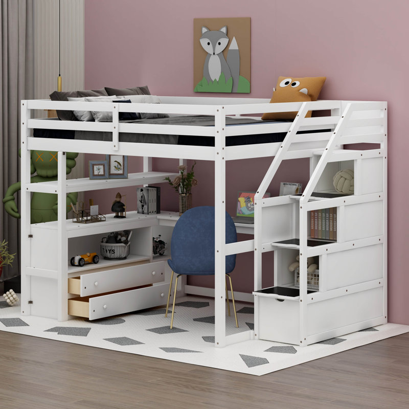 Lit mezzanine double avec tiroirs Varujhan Kids, Blanc