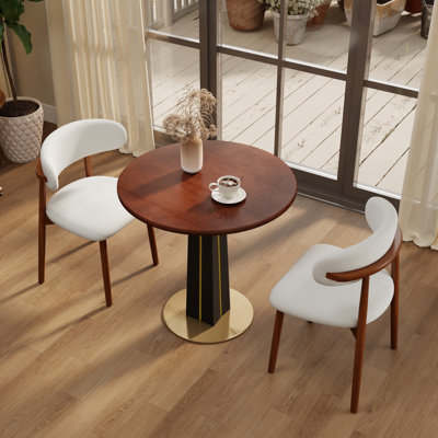 Φ Table de salle à manger ronde rétro en noyer de 80 cm avec base en laiton et bois massif. Table avec pieds en bois et base dorée, table pour 2 personnes pour petit espace