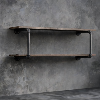 For Living Room, Bathroom and Kitchen Use, 2-Tier Wall Mounted Display Shelving Rack, Mixed Metal and Synthetic Wood Construction, Space-Saving Vertical Storage