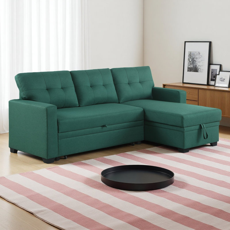 Canapé modulaire convertible rembourré avec méridienne coulissante, Lin vert