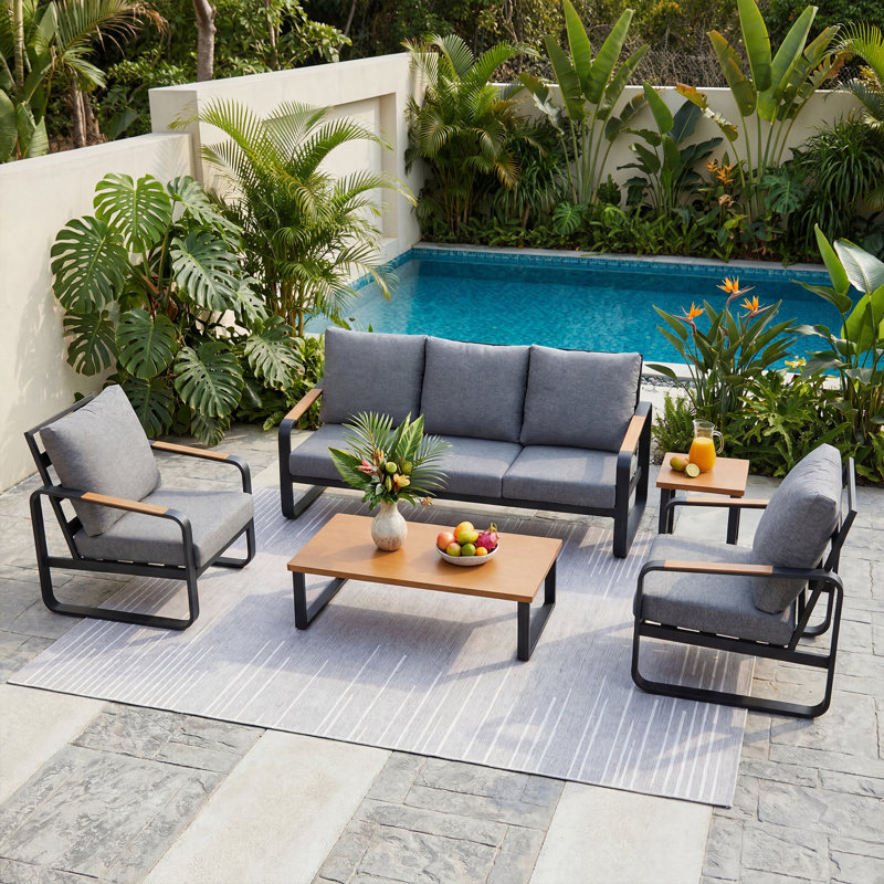 5-piece Outdoor Sofa Seating Group with Cushions, All-Weather Patio Conversation Set, Dark Gray