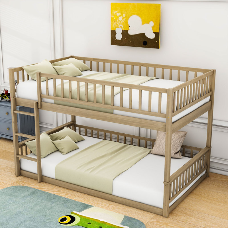 Queen Over Queen Wood Bunk Bed With Guardrails And Ladder, Walnut