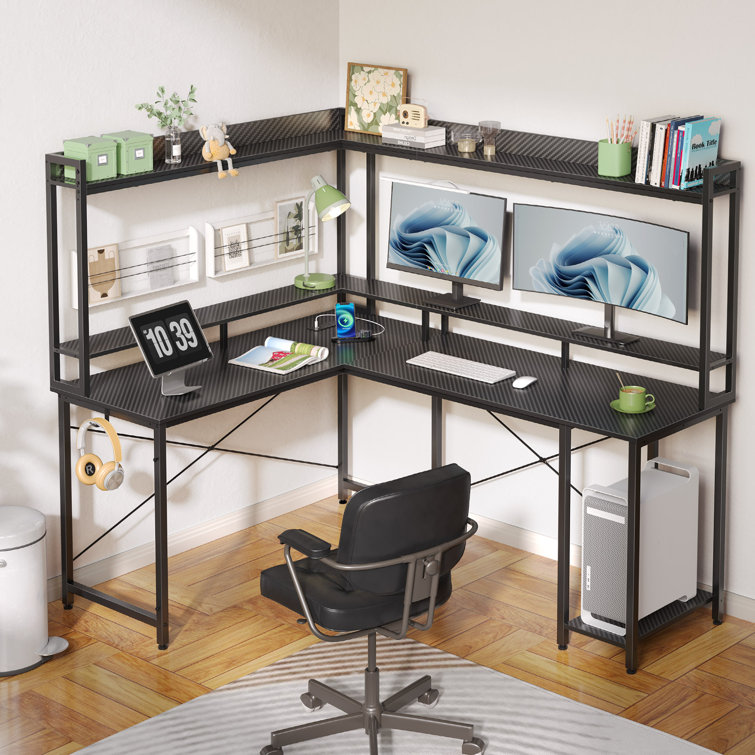 Computer Desk with LED Lights 55 Modern Home Office Desk PC Study Table  Workstation Gaming Desk with Hutch&Monitor Shelf &Storage Bookshel, Black 