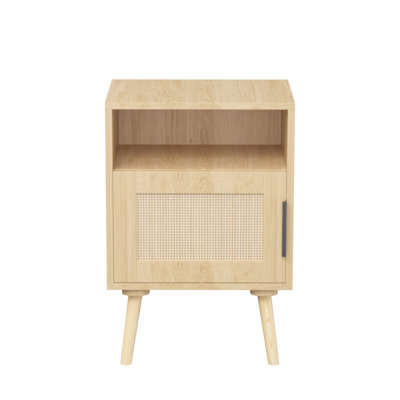 Rattan Nightstand with Door and Open Shelf, Accent Bedside End Table with Solid Wood Legs, Ideal for Bedroom, Dorm and Small Spaces