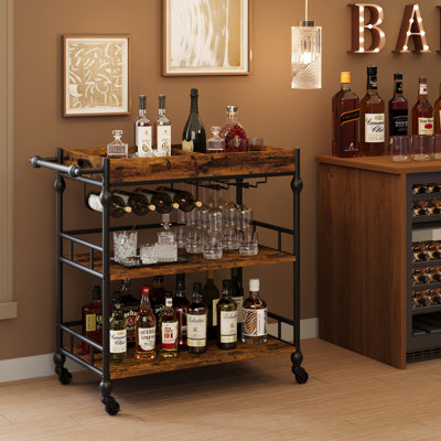 Serving Bar Cart for Home with Wine Rack & Glass Holders, Drink Trolley On Wheels by 17 Stories