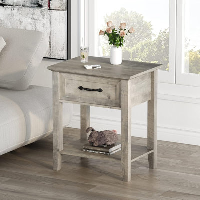 Ensemble de 2 tables de chevet modernes avec tiroir - Tables de chevet en bois à 2 niveaux, tables d'appoint compactes pour chambre/salon/résidence étudiante, grises