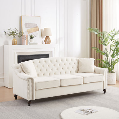Canapé Chesterfield en velours de 208 cm (82 po) pour salon et appartement, capitonnage à boutons sur le dossier et les accoudoirs, garniture cloutée sur les accoudoirs, canapé moderne rembourré avec pieds en bois massif de qualité supérieure, canapé pour chambre à coucher