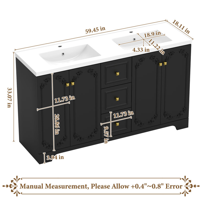Meuble-lavabo double de 60 po avec lavabo en résine, Noir